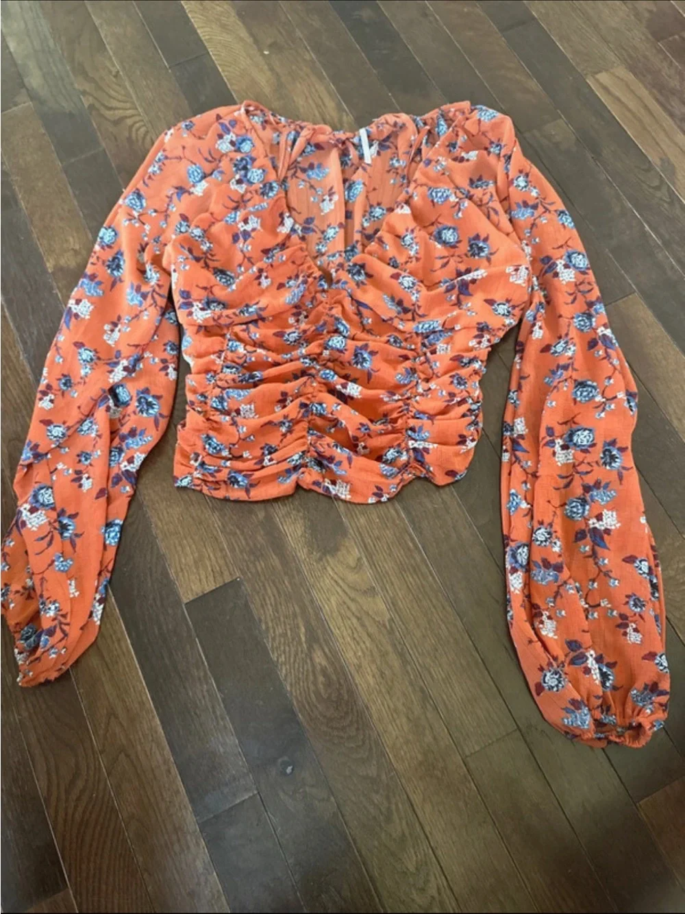 Free People Women's Orange Floral Ruched Long-Sleeve Top